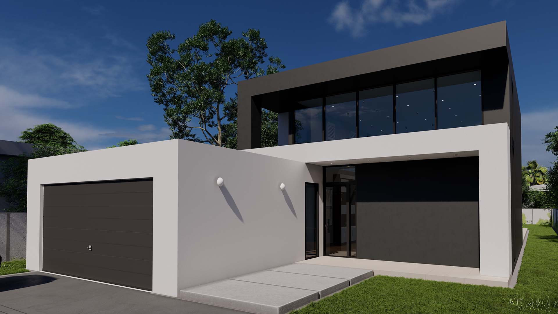 Modern luxury home with concrete and glass facade, featuring clean architectural lines