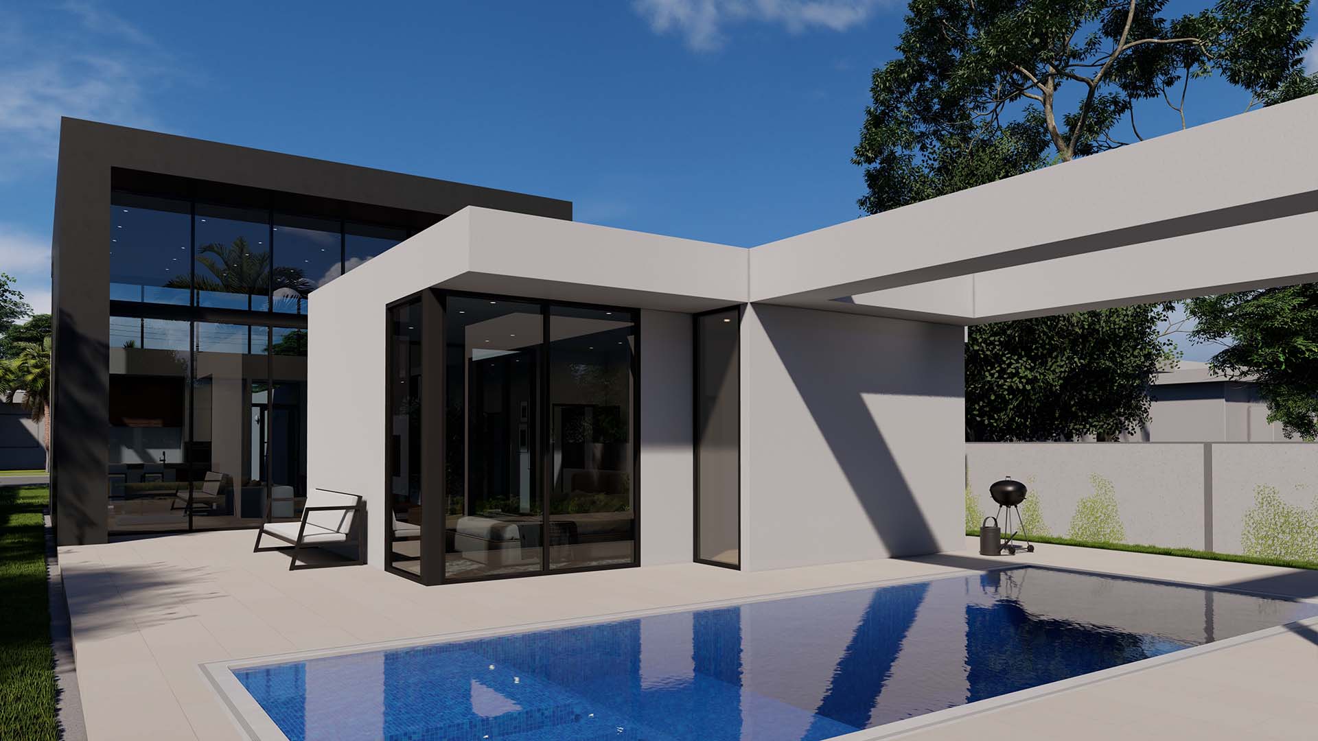 Minimalist house with panoramic windows and sharp lines